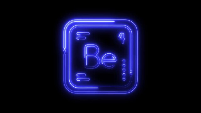 Neon periodic table element beryllium glowing symbol on black background chemistry science