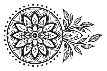 82 Intricate black and white mandala, symmetrical floral design, ornate snowflake pattern, detailed botanical illustration, radial symmetry, geometric flower petals, decorative leaf motifs, monochrome