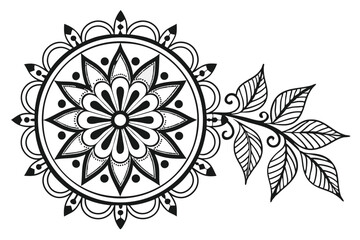 82 Intricate black and white mandala, symmetrical floral design, ornate snowflake pattern, detailed botanical illustration, radial symmetry, geometric flower petals, decorative leaf motifs, monochrome