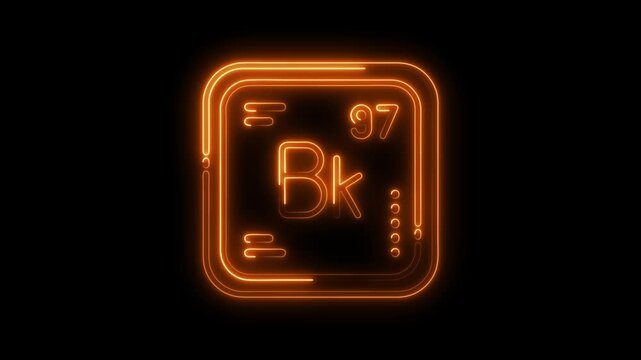 Glowing periodic table element berkelium sign with orange neon light on black background