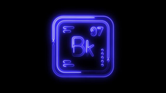 Glowing neon display of berkelium element chemical properties and scientific information on dark background