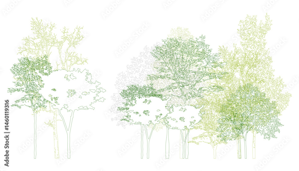 Poster architectural drawings, minimal style cad tree line drawing, side view, set of section wildlife fore