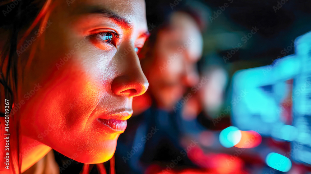 Poster focused woman illuminated by red light coding on a computer screen in a dark room, symbolizing moder