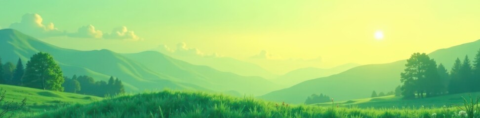 Obraz premium Soft mint green fades to pale yellow sunrise, tranquil landscape , field, soft, nature