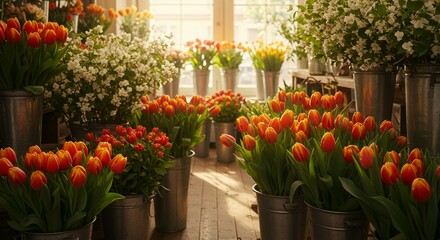 Fototapeta premium Tulips and Flowers in a Flower Shop