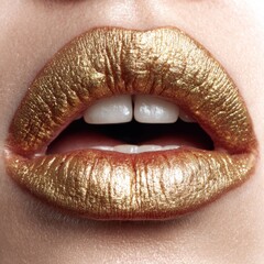 Fototapeta premium Close-up of female lips wearing metallic gold lipstick, radiating glamour and bold elegance.