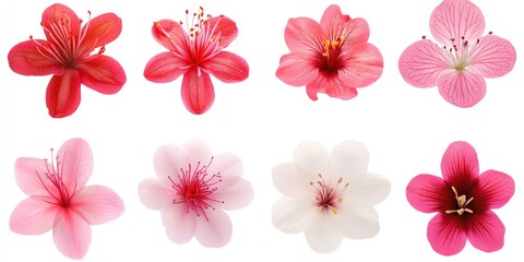 Fototapeta premium Collection of Eight Stunning Pink and Red Flowers Isolated on White Background: A Close-Up View of Delicate Petals and Vibrant Hues