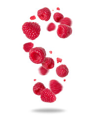 Fresh raspberries floating in the air isolated on white background