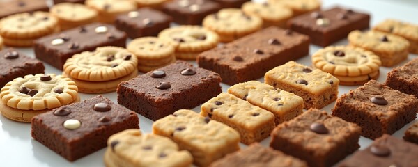 Close-up arrangement cookies brownies bars various pastries. Baked goods assortment neatly arranged in rows. Chocolate chip cookies, fudge brownies, shortbread bars with chocolate chips. Delicious