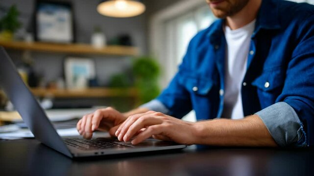 A person typing on a laptop at a stylish workspace desk.