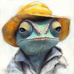 Colorful Cartoon Lizard: Whimsical Hat-Wearing Animal Character in Unique Creative Design with Smiling Eyes and Humorous Vibe