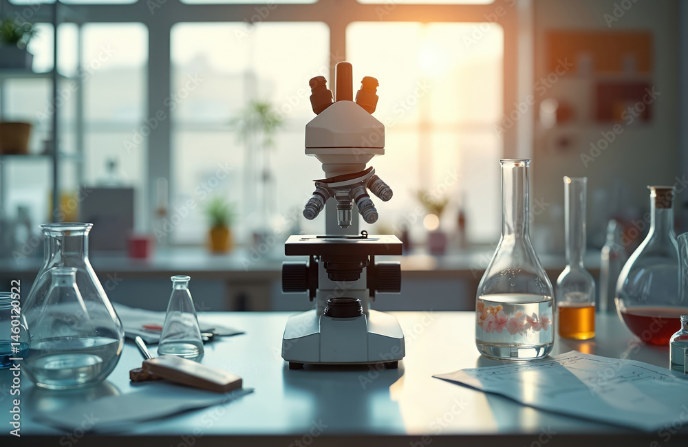 Poster Microscope in science laboratory with beakers, glassware, solutions. Science experiment in research lab with chemical equipment, liquids, reagents for experiments. Scientific research, development,