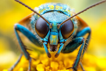 Fototapeta premium A close-up of a blue insect on a yellow flower, showcasing its detailed eyes and antennae. Concept of macro photography and nature study. For nature education.