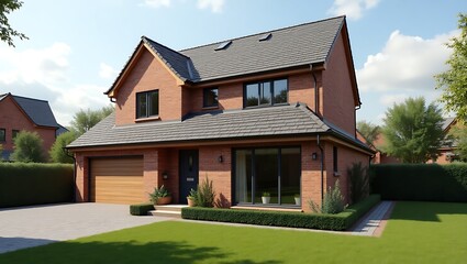 Fototapeta premium Inviting two-story detached house with brick facade and manicured garden space