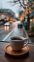 Fototapeta premium Coffee cup on wooden coaster watching rainy street with bokeh lights through window pane ambiance drink beverage break relaxation