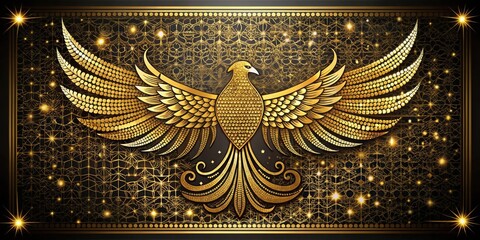 A majestic golden bird with spread wings against a dark background adorned with a patterned grid of shimmering lights.