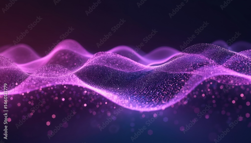 Aufkleber Abstract digital wave flows across dark background. Mesmerizing purple data tech visualization. Futuristic dynamic energy motion pattern. Modern design, network connectivity for web, internet tech