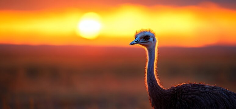Emu silhouette against a vibrant golden sunset in australian outback