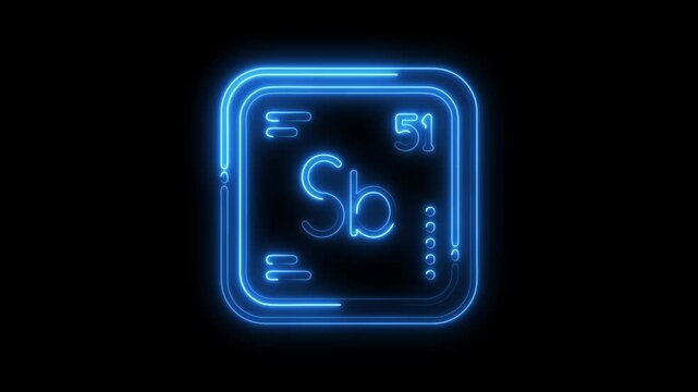 Antimony periodic table element neon glow symbol on black background animation