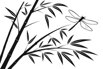84 Black and white illustration, silhouette of dragonfly, bamboo stalk, bamboo leaves, minimalist design, high contrast, elegant composition, Asian-inspired art, nature motif, zen aesthetic, ink drawi