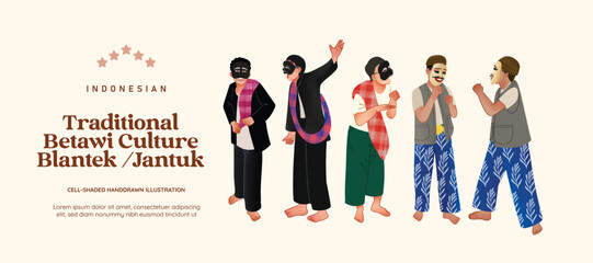 Obraz premium Traditional theaterical performing art blantek jantuk, Indonesia bewati culture illustration
