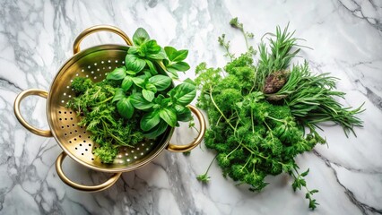 Fresh herbs in a gold colander on a marble countertop with a variety of leafy greens spread out beside it.