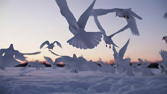 Graceful flock of white doves taking flight in slow motion over a snowy winter landscape at sunset
