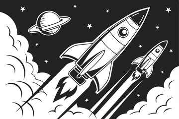 85 Rocket launch silhouette, retro space illustration, black and white graphic design, minimalist rocket icons, vintage sci-fi art, stylized spacecraft, streamlined rocket shapes, contrasting flame pa