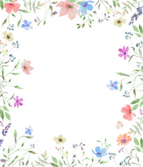 Watercolor floral frame with cute wildflowers. Hand drawn illustration. For greeting cards, invitations. Vector EPS.