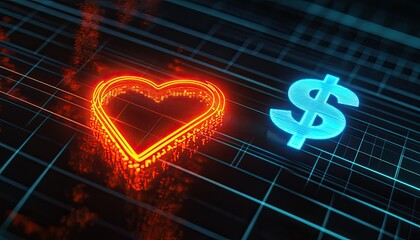A glowing heart and dollar sign on a digital grid