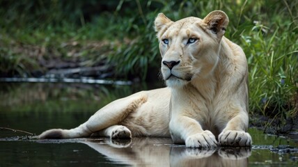 Obraz premium Majestic white lioness by tranquil water