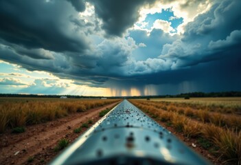 Wide-angle view of a rural dirt road under dramatic stormy clouds with sunlight breaking through