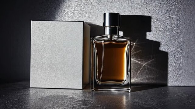 Elegant perfume bottle and box on a textured surface