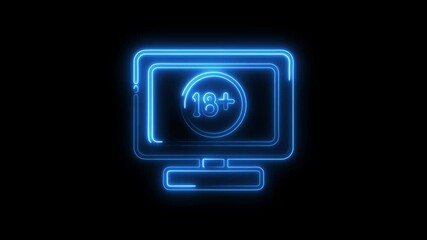 Eighteen plus content neon sign on monitor screen animation on black background