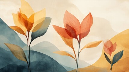 Abstract floral art with muted color palettes and soft mountains.