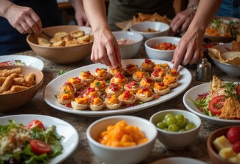 A vibrant spread of appetizers featuring colorful canap&eacute;s and fresh salads