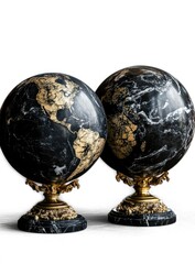 Exquisite black marble globes. Ornate brass bases