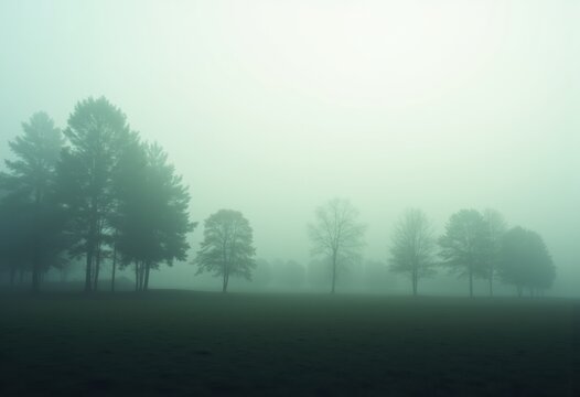 Misty forest landscape with tall trees shrouded in fog