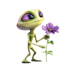 A Cartoon Alien Holding a Flower Isolated on Transparent Background