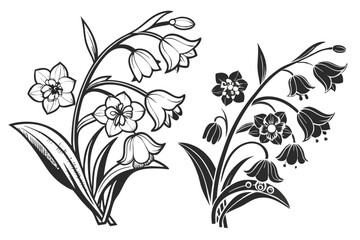 86 Vintage floral illustrations, black and white flower bouquets, detailed botanical drawings, Victorian style flower arrangements, monochrome engraved florals, hand-drawn botanical art, symmetrical f