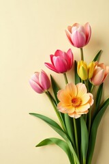 Fototapeta premium Cream background, vibrant spring bouquet, artistically arranged , flowers, delicate, spring bouquet