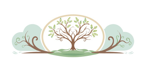 Obraz premium Stylized tree with swirled branches in oval green frame