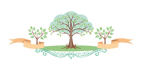 Green flourishing tree with decorative scroll and banner