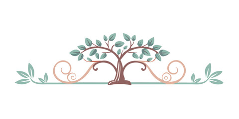 Dark stylized tree with curled branches and leaves