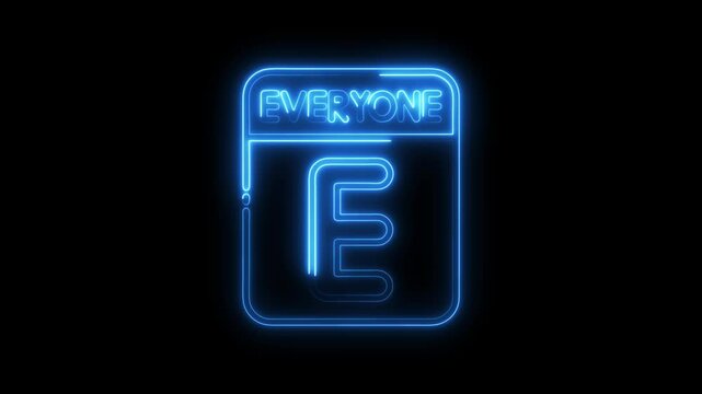 Neon everyone letter e icon animation glowing blue outline futuristic style on black background