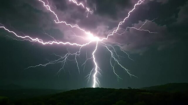 Dramatic Green Lightning Strike over Dark Landscape at Night