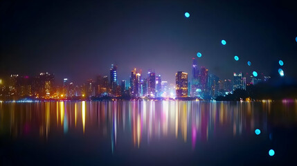 Fototapeta premium Colorful Illuminated Cityscape At Night With Reflections On Water