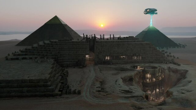 Building huge, spiral-shaped cylindrical structure straight down beneath the Great pyramid. Spacecraft floating. Hidden constructions concept. 3d render. ProRes 422HQ MOV 16 Bit depth.