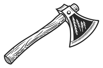 88 Black and white illustration, axe head, woodcut style, bold lines, high contrast, graphic design, simple shape, iconic tool, lumberjack symbol, rustic, woodworking implement, sharp edge, wooden han