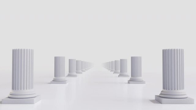 Fast flythrough between white truncated Ionic-style columns in a clean minimal environment. Classical symmetry meets modern abstraction. Seamless 4K loop, ideal for architectural or conceptual scenes.